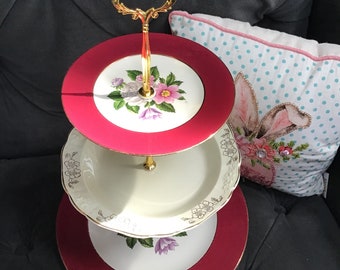 Elegant rose three tier cake stand, cranberry, gold trim, rare, 345