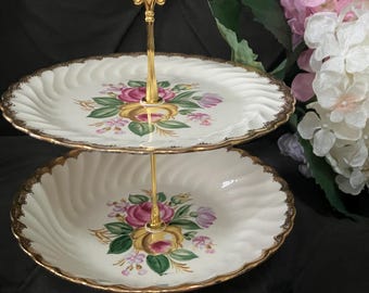 680, Vintage Two Tier cake stand, Cuban Royal, vibrant pinks, greens, yellows,  2 avail