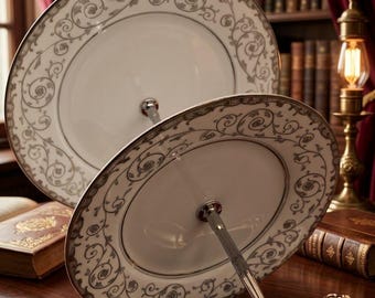 681, Vintage Noritake Two Tier Cake Stand, Aqua Floral China, Silver Trim