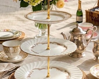 656, Vintage 3-Tier Cake Stand, Baroque Gray Bavaria China, Gold Rim Dessert Display