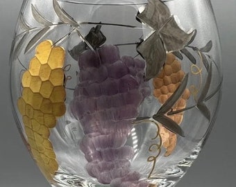 Stained Glass Wine Glasses, Romanian Grape Design, Pair, Very Rare