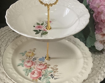 669, Two tier vintage cake stand, soft pink, blue, green,