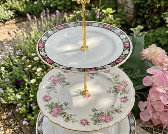 575, Three Tier Cake Stand, Rose Floral Plates, Crown Staffordshire England, Cottage Chic
