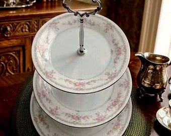 410a, Three tier Cake Stand, Noritake, pattern is Veranda, 1980s