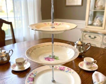 732, 3 Tier cake stand, Homer Laughlin, Paden City, Crooksville, perfect for a beisal shower/wedding dessert table