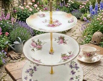 726, Vintage Three Tier Cake Stand, April Pattern, Pink Roses, Violets Daisies