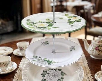 658, Vintage Three-Tier Cake Stand, Royal Stratford, White Roses, Dogwoods, Tea Party Display