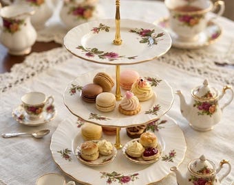 703, Vintage Rose Three Tier Cake Stand, Lynn’s China, XL dinner plate, tea party, shower, wedding dessert table, more sets avail, mint cond