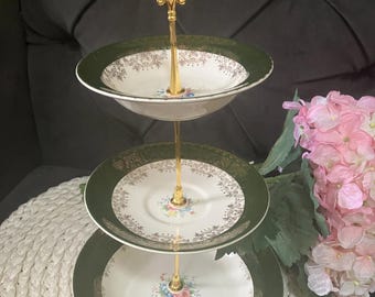 670, Taylor Smith Taylor Three Tier Cake Stand, Dark Green Filigree 22k Gold