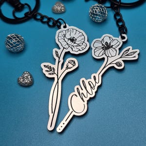 Personalized Birth Flower Keychain: Engraved Silver Acrylic Floral Keyring