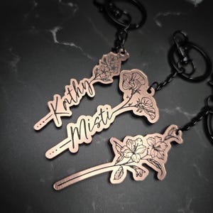 Personalized Birth Flower Keychain: Rose Gold Acrylic Floral Keyring