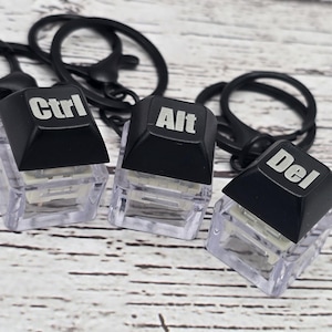 May include: Three black keychains with keyboard key designs. The keys read "Ctrl", "Alt", and "Del" in white lettering. The keys are attached to black key rings and are set against a light wood grain background.