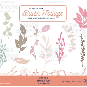 Blush Foliage Clipart - Pink & Blush lascia illustrazione digitale - Pacchetto clipart floreale - Clipart per uso commerciale - PNG trasparenti