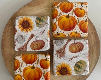 Pumpkin and sunflower decoupage slate coasters, autumn home decor, autumnal coasters, Halloween 2023
