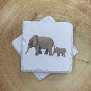Elephant slate coasters, decoupaged,mum and baby elephant , single or set of 2 or 4. Elephant home decor, elephant lover gift.