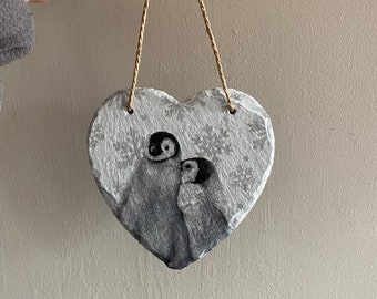 Penguin slate heart, decoupaged hanging heart, penguin couple gift, penguins in love hanging slate heart, valentines day gift, penguin gift