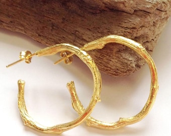 Branch Hoop Gold Earrings, Twig Hoop Spring Earrings, Botanical Hoops, Nature Woodland Jewelry, Forest Hoops, Medium Hoops, Woodland wedding