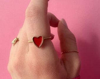 Red Heart Stack Ring, Thin Minimal Ring, Dainty Thin Ring, Promise Ring, Simple Ring, Gift for Her, Anniversary Gift, Love Red Enamel Ring