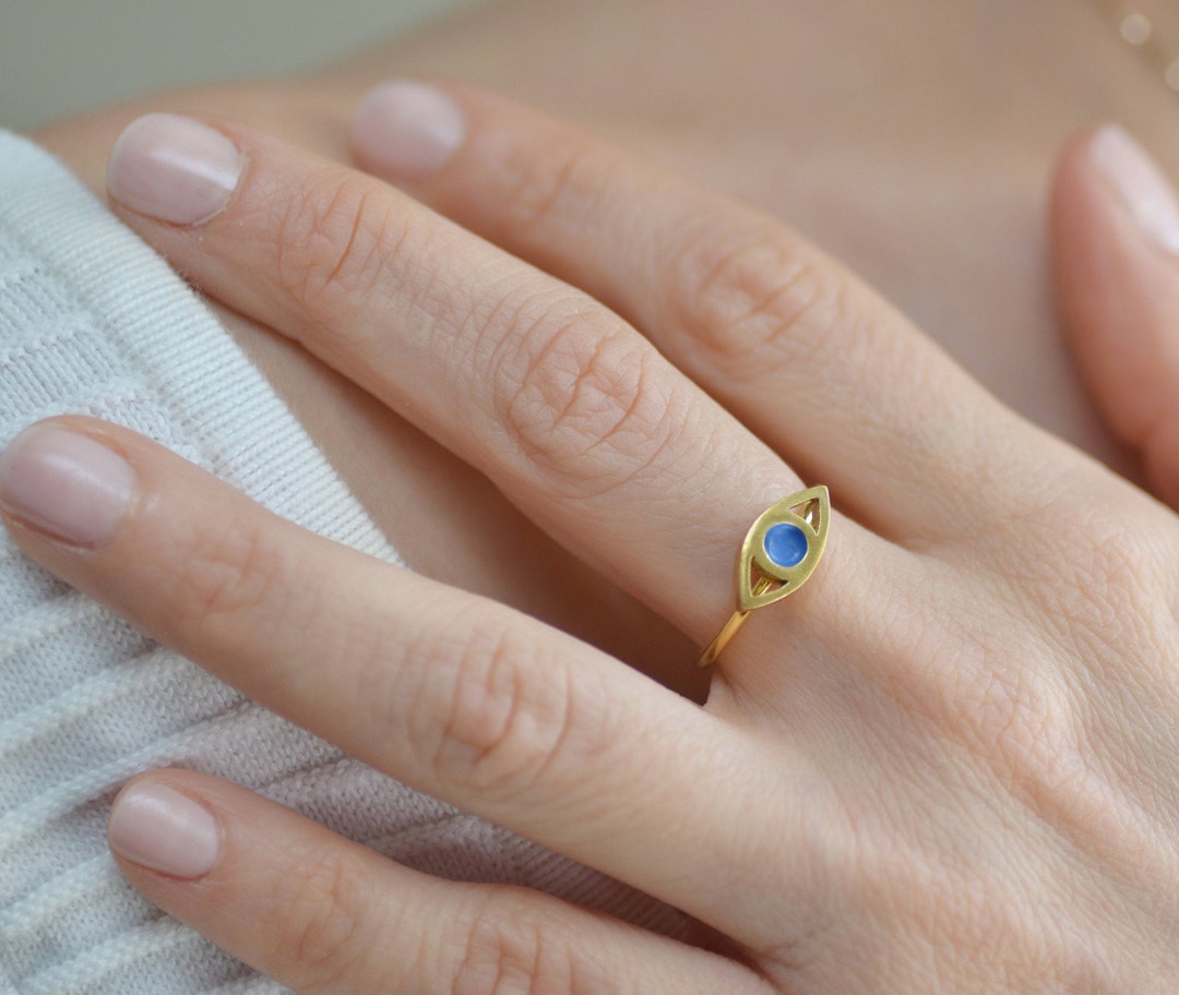 Gold Evil Eye Protection Ring Minimal Stack Ring Blue Enamel Etsy
