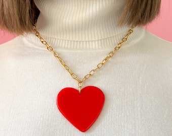 Red Heart Chain Necklace, Cute Love Statement Necklace, Best Anniversary Gift, Red Valentine Necklace, Valentine Gift Idea, Best Gift