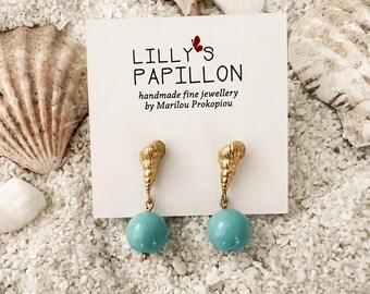 Gold Muschel Türkis Ohrringe, Strand Funde, Sea Shell Ohrstecker, süße Sommer Ohrringe, Spiral Muschel Ohrringe, baumeln und Tropfen Ohrringe