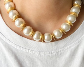 Statement Big Pearls Necklace, Choker Gold Disc Necklace, Unique Pearl Bridal Necklace, Hand Knotted White Pearl w/925 Sterling Silver Clasp