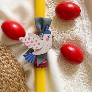 Candela di Pasqua con uccellino, Lambda di Pasqua greca, decorazione in legno con uccellino, candela di Pasqua romantica fatta a mano, collezione di Pasqua
