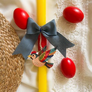 Candela di Pasqua con uccellino, Lambda di Pasqua greca, decorazione in legno con uccellino, candela di Pasqua romantica fatta a mano, collezione di Pasqua