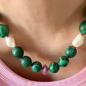 Malachite Turquoise Shell Statement Necklace, Chunky Womens Gemstone Necklace, Ocean Beach Pendant, Green Beaded Choker, Christmas Mums Gift