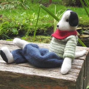 May include: A handmade knitted dog doll with a white body, black ears, and a red scarf. The dog wears a green and white striped sweater and blue pants. It is sitting on a wooden surface near a pond.