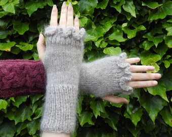 Hand Knitted Colourwash Frill Mittens Gloves Grey and Pink