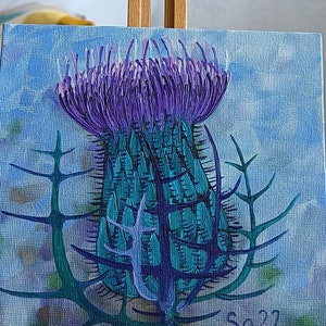Pintura a óleo de cardo original pintado à mão em miniatura mini pintura botânica flor jardim natureza inspiração jardim amigos natureza 15 x 15 cm No.