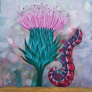 Pintura a óleo de cardo Pintura a óleo original pintada à mão Flor Cardo Picos Lagarta Inseto Miniatura Mini Natureza Jardim 15 x 15 cm No. 66