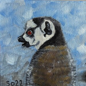 Pintura a óleo de lêmure, pintura a óleo original pintada à mão, óleo sobre pastas de pintura de artista, pintura em papelão, pintura em linho, pintura em papelão, animal, vida selvagem, 10 x 10 cm, nº 109
