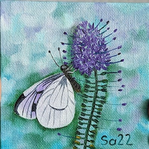 Pintura al óleo de mariposa, pintura al óleo original pintada a mano, óleo sobre lienzo, portafolio de pintura del artista, pintura en miniatura, mini pintura de mariposa, 10 x 10 cm, n.º 112