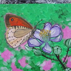 Borboleta Original Pintura a Óleo Pintada à Mão Pintura a Óleo Arte Animal Mini Pintura Flor Amora Inseto Jardim 15 x 15 cm No. 113