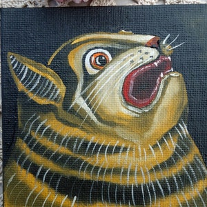 Pintura a óleo de gato Tomcat Kitten Original Pintura pintada à mão Animal Vida selvagem Gato Escola Arte Animal Miniatura Mini 10 x 10 cm No. 141