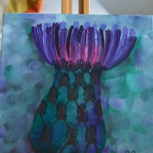Pintura a óleo de cardo, pintura a óleo original pintada à mão, óleo sobre pastas de pintura de artista, pintura de papelão, pintura de jardim de flores 15 x 15 cm No. 69
