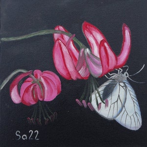 Pintura a óleo de borboleta, pintura a óleo original pintada à mão, óleo sobre portfólios de pinturas de artistas, pintura de flores, lírios, insetos, jardim, 15 x 15 cm, nº 99