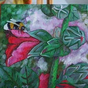 Bumblebee Mallow Original pintado à mão pintura a óleo miniatura mini natureza pintura flor inseto jardim 15 x 15 cm No. 55