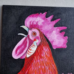 Gallo pintura al óleo original pintada a mano pintura de cartón pájaro arte rural amante de los animales de granja miniatura fondo negro n.º 178