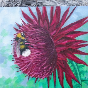 Cardo bumblebee original pintado à mão pintura a óleo em miniatura mini natureza arte animal flor inseto jardim 15x15 cm n° 90