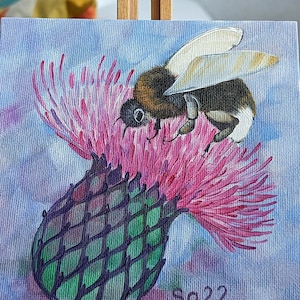 Pintura a óleo Bumblebee Thistle Pintura original pintada à mão com pontas de flores em miniatura Mini arte Animal Inseto Jardim Natureza 15 x 15 cm No.
