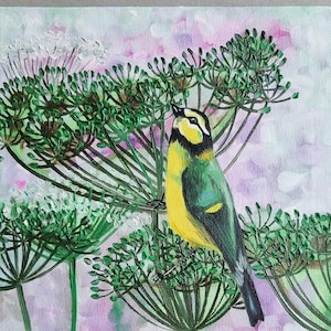 Pintura a óleo de teta original pintada à mão pintura a óleo em papelão pintura pássaro arte rural 18 x 24 cm amante dos animais amante dos pássaros No. 195