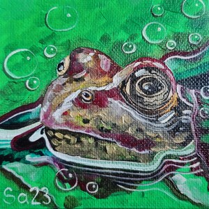 Pintura a óleo de sapo lagoa água anfíbio natureza miniatura mini original pintado à mão pintura a óleo portfólio pintura natação reflexão n.º 169