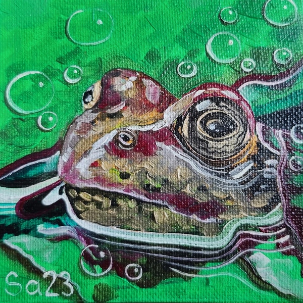 Frösch Ölgemälde Teich Wasser Amphibien Natur Miniatur Mini Original handgemalt Ölbild Malmappen Gemälde Schwimmen Spiegelung Nr. 169