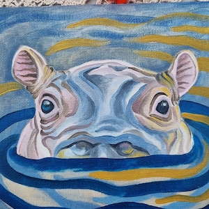 Pintura a óleo de hipopótamo original pintada à mão pintura a óleo miniatura mini arte animal natureza vida selvagem 15 x 15 cm n.º 126