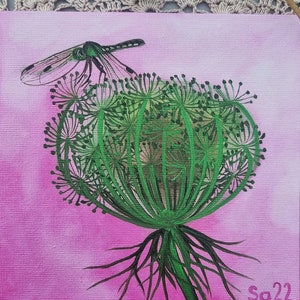 Pintura a óleo de libélula original pintada à mão, pintura a óleo de arte botânica, planta, miniatura, inseto, arte de jardim como presente 15 x 15 cm nº 123