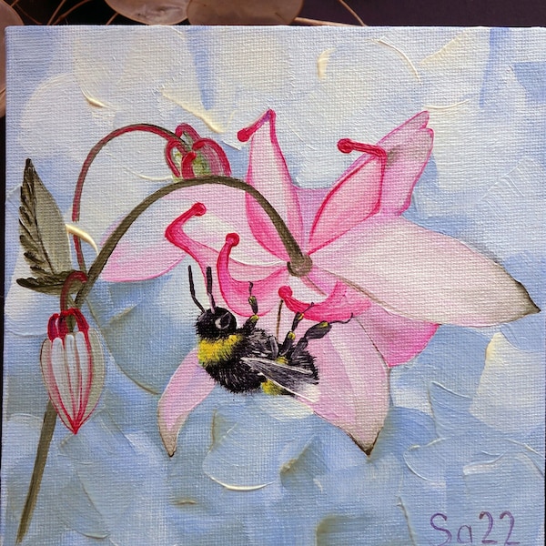 Nr. 24 15 x 15 cm Original handgemalt Ölbild Ölgemälde Öl auf Leinwand Gemälde Blume Akelei Aquilegia vulgaris Hummel Biene Garten