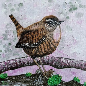 Pintura a óleo original de Wren, pintura de arte animal pintada à mão, pássaro, miniatura, mini natureza, decoração de parede, arte para presente, 15 x 15 cm, nº 142